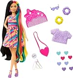 Barbie Totally Hair, Puppe mit schwarzem, blau-grünem & gelbem Haar, farbenfrohes Herzkleid, farbwechselnde Haarspangen, Haarschmuck, Accessoires, 15+ Teile, als Geschenk geeignet,HCM90